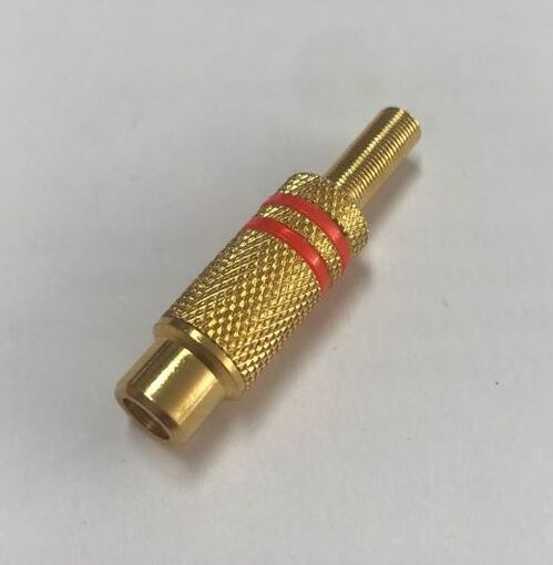 CONECTOR RCA HEMBRA AUDIO. METÁLICO DORADO CON ARO ROJO