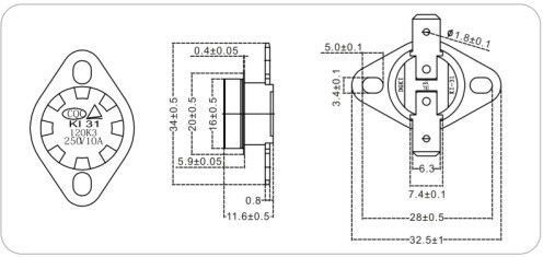 KSD301 TERMOSTATO BIMETAL  INTERRUPTOR TERMICO N/C 130ºC 10 AMP.