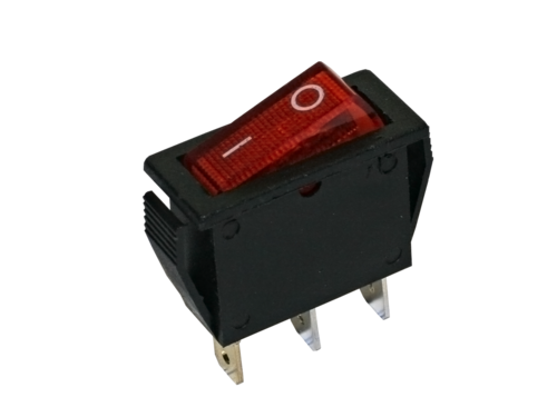 INTERRUPTOR UNIPOLAR LUMINOSO 250V 6A. CAJA NEGRA, BOTÓN ROJO