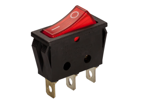 INTERRUPTOR UNIPOLAR LUMINOSO 250V 6A. CAJA NEGRA, BOTÓN ROJO