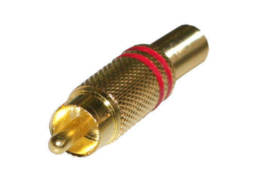 CONECTOR RCA MACHO AUDIO. METÁLICO DORADO CON ARO ROJO