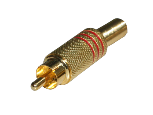 CONECTOR RCA MACHO VÍDEO. METÁLICO DORADO CON ARO ROJO